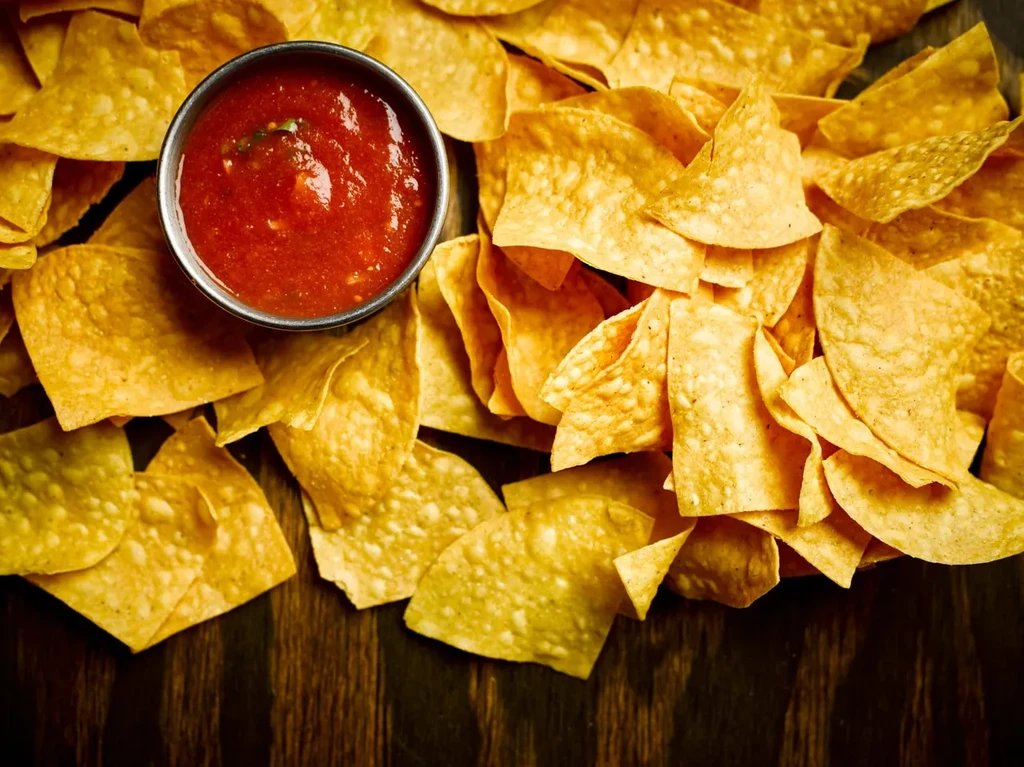 Golden tortilla chips piled with a bowl of chunky red salsa on wood.