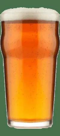 Full pint of amber beer with foam and bubbles, dark green background.