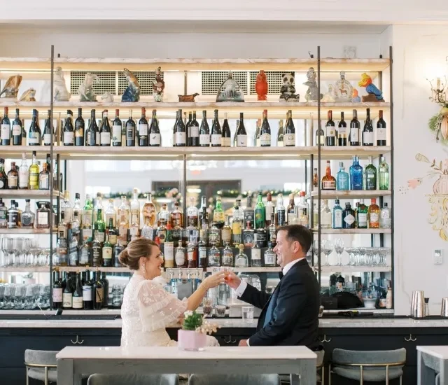 Formally dressed couple toasting at an elegant, well-stocked bar.