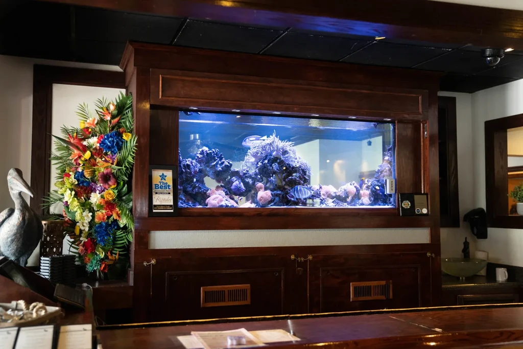 Colorful marine aquarium in dark wood bar, tropical flowers and award.
