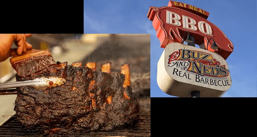 Composite: Barbecued meat, tongs, and Buzz and Ned's restaurant sign.