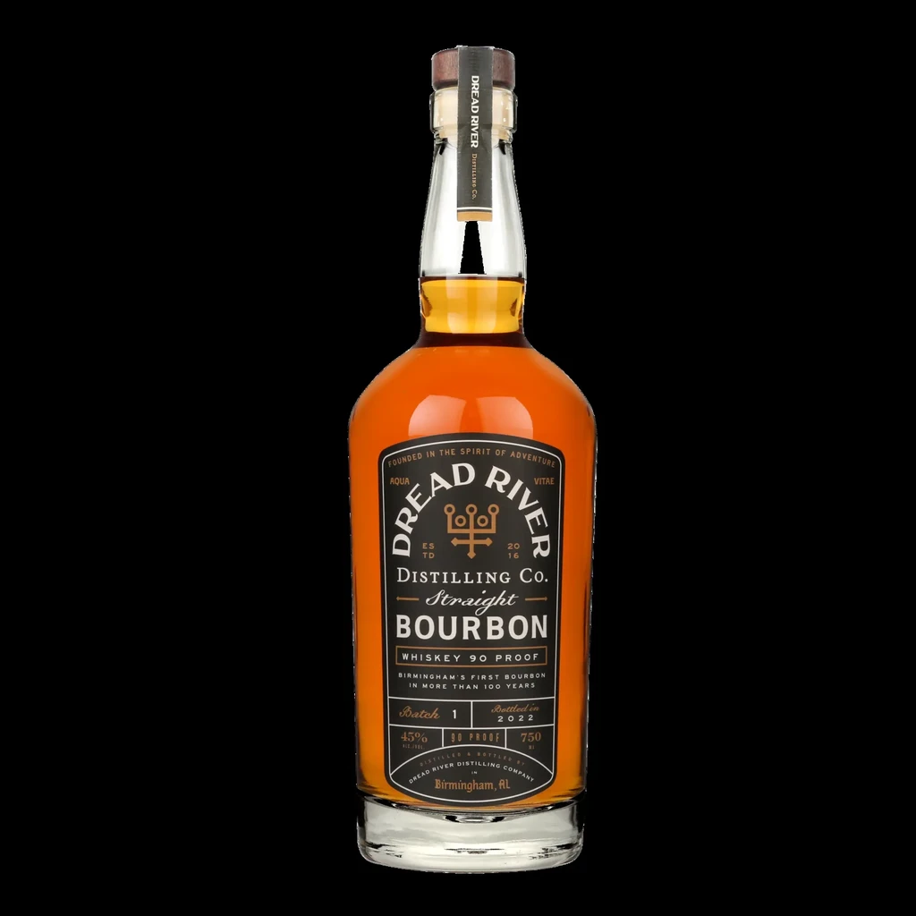 Amber Dread River Straight Bourbon Whiskey bottle, black label, black background.