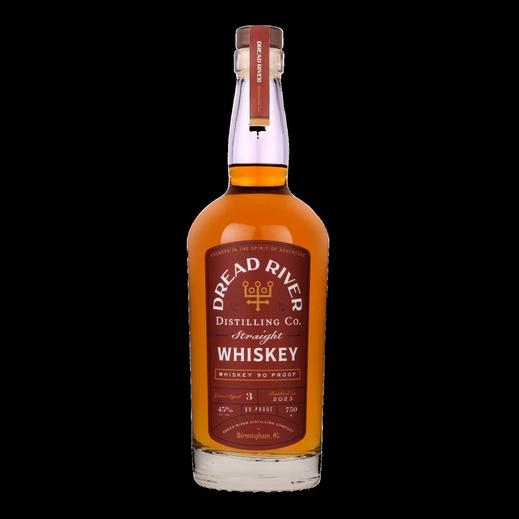 Dread River Distilling Co. Straight Whiskey bottle, maroon label, black background.