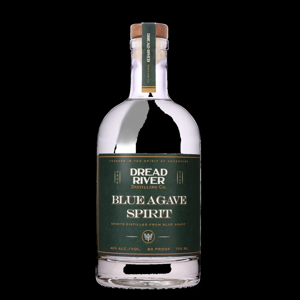 Dread River Blue Agave Spirit bottle with green label on black.