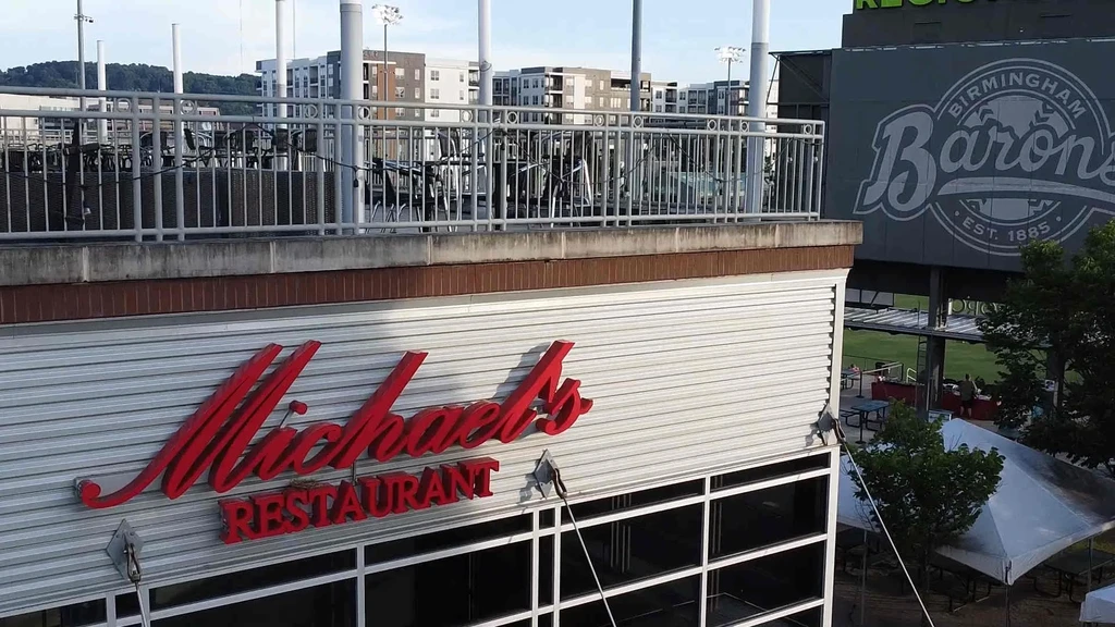 Exterior of Michael's Restaurant near Birmingham Barons stadium and city apartments.