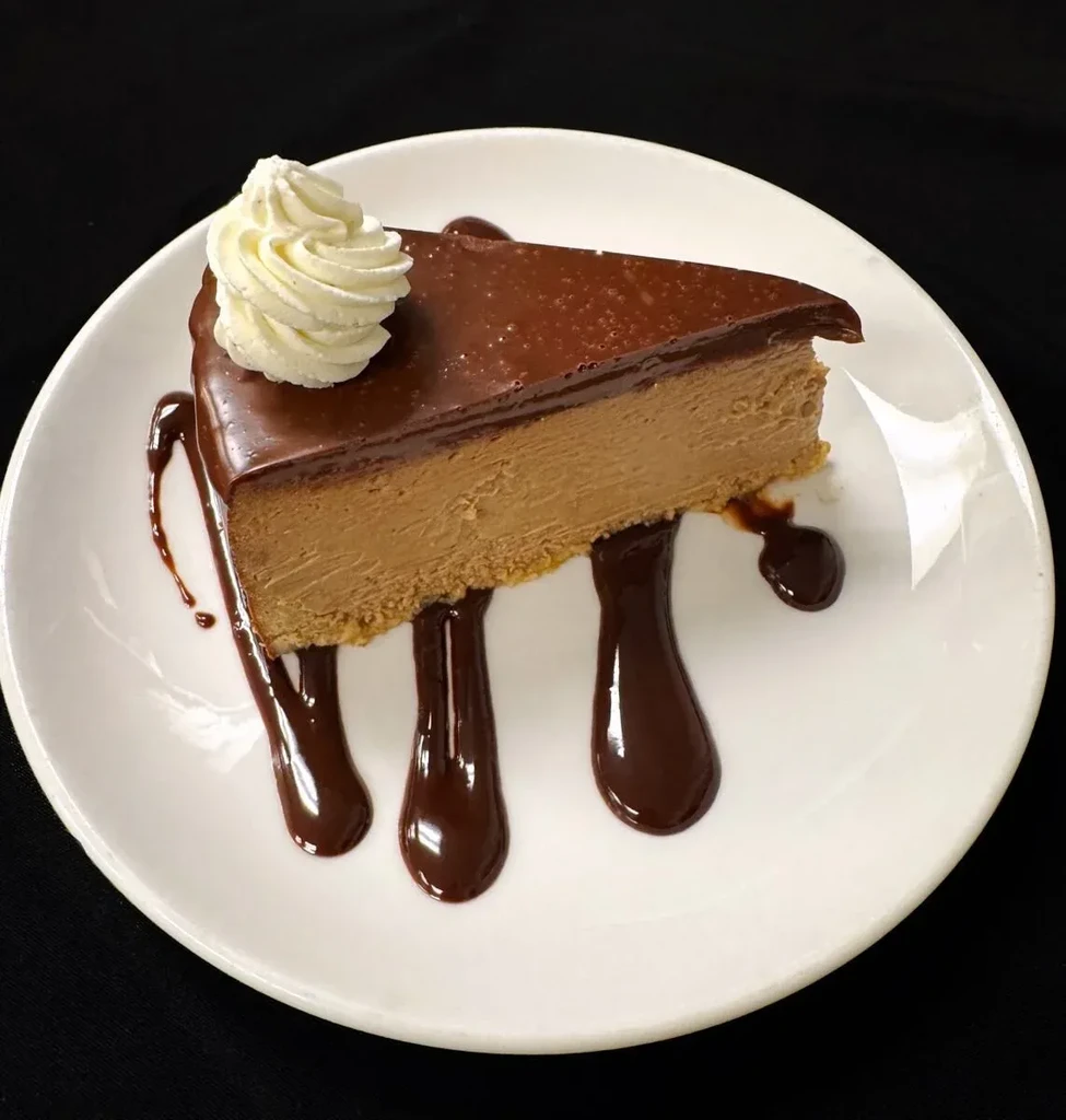 Slice of cheesecake with chocolate ganache, whipped cream, and chocolate drizzle.