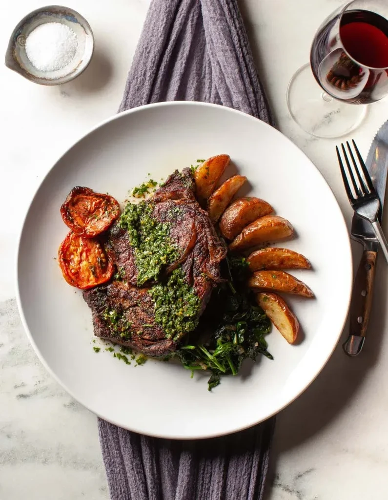 Grilled steak with green sauce, roasted tomatoes, potatoes, and red wine.