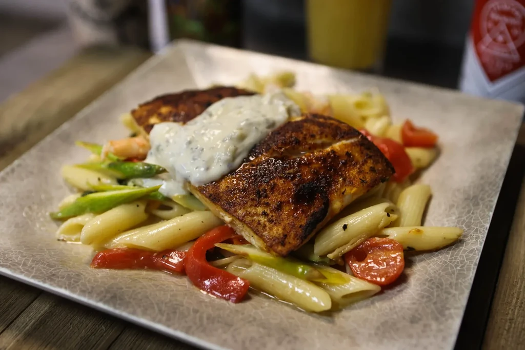 Pan-seared fish, penne pasta with vegetables, creamy sauce on a square plate.
