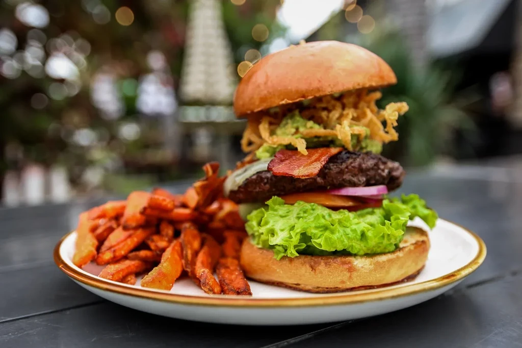 Gourmet burger with sweet potato fries on a white plate.