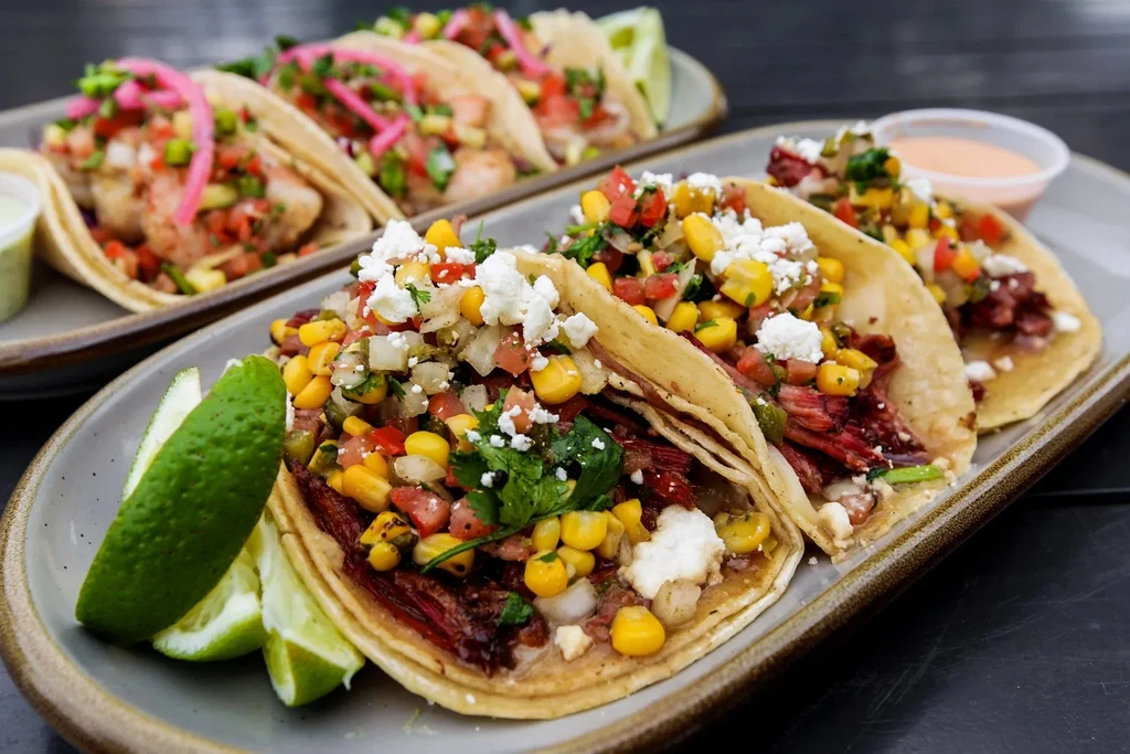 Two plates of gourmet tacos with dark meat and fish fillings.