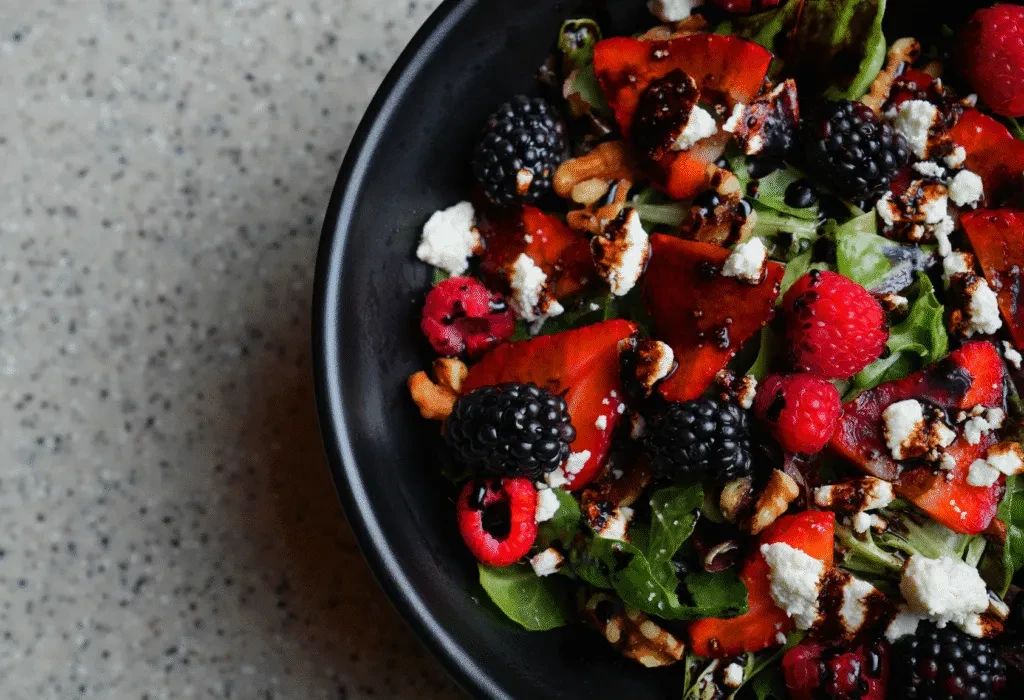 Close-up vibrant berry and greens salad with cheese, nuts, dark glaze.