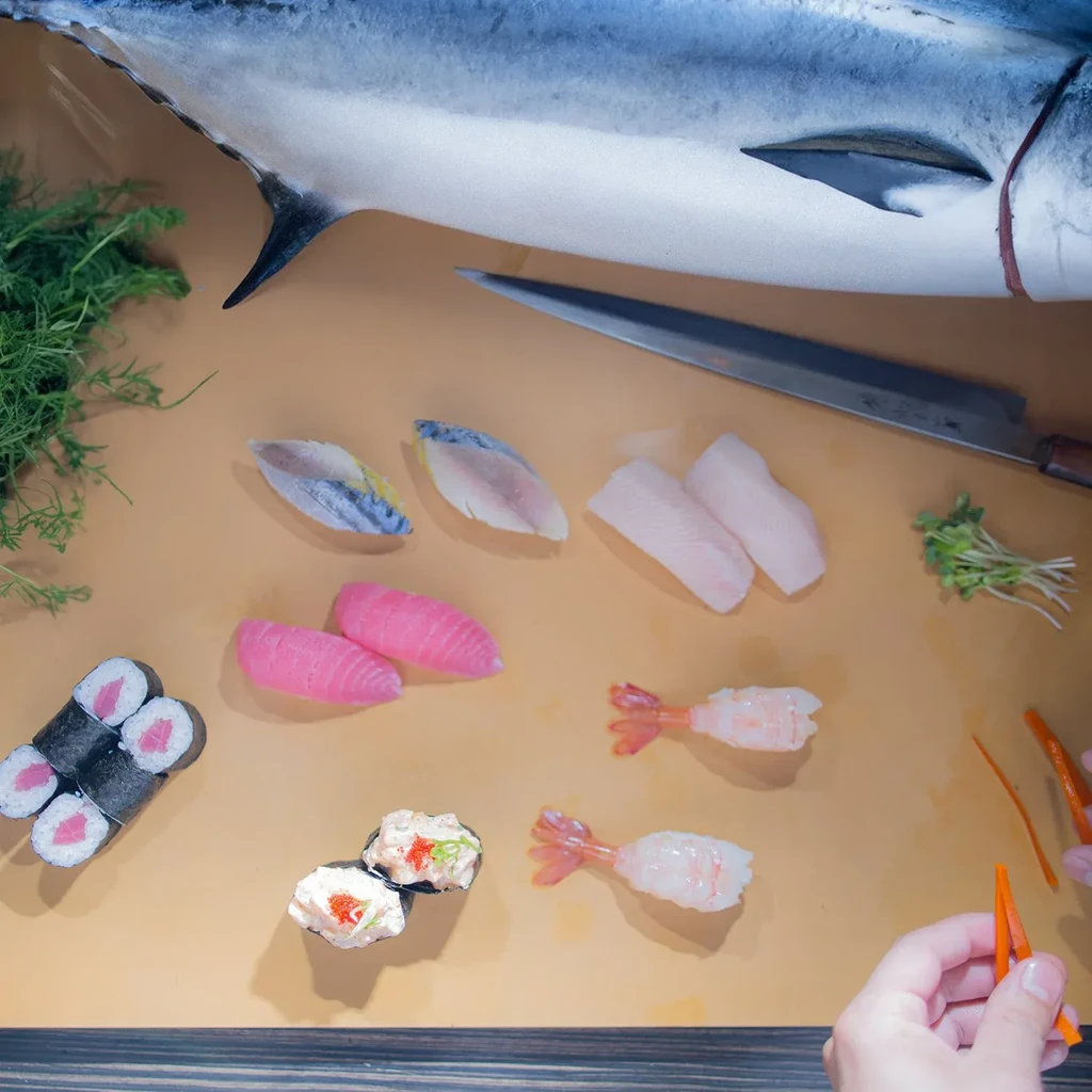 Overhead view of hands preparing fresh sushi and sashimi ingredients.