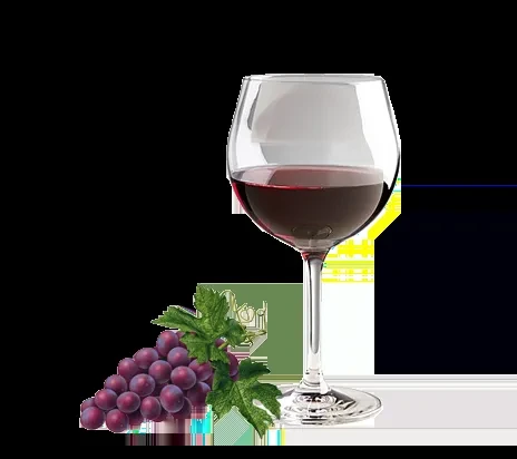 A red wine glass with purple grapes and green leaves.