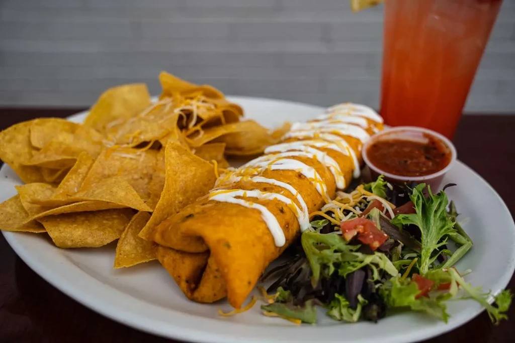 Burrito with cream sauce, cheese, tortilla chips, salad, and salsa.