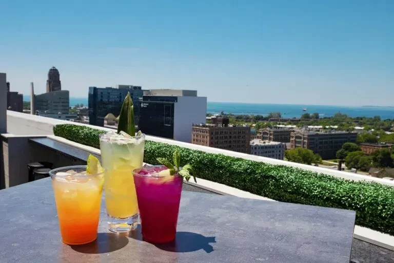 Colorful cocktails on a rooftop table with city skyline and water.