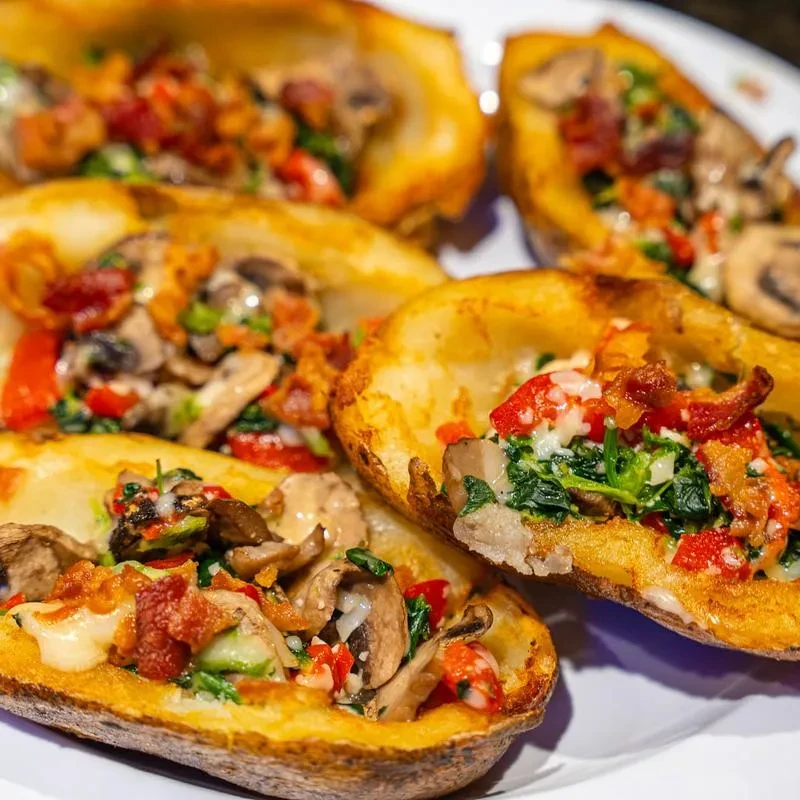 Potato skins loaded with mushrooms, spinach, bell pepper, bacon, melted cheese.