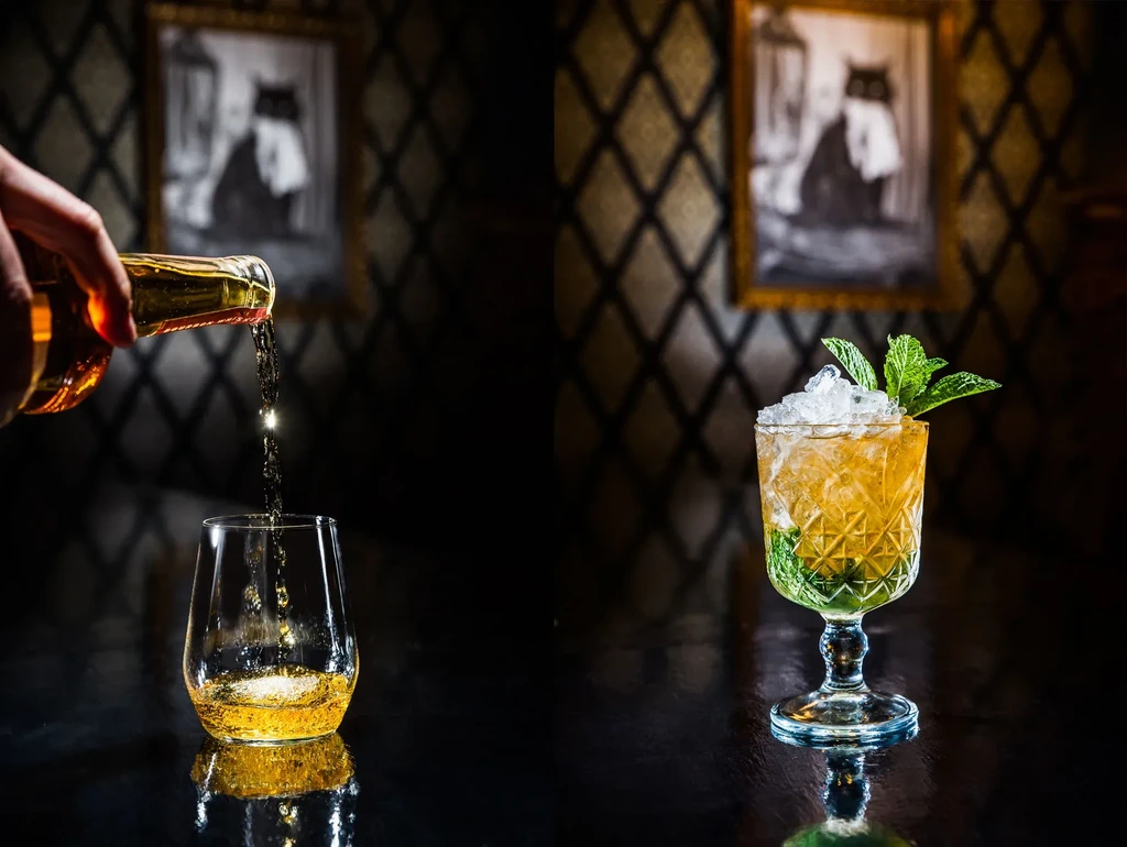 Split image of hand pouring liquid and an iced cocktail with mint.