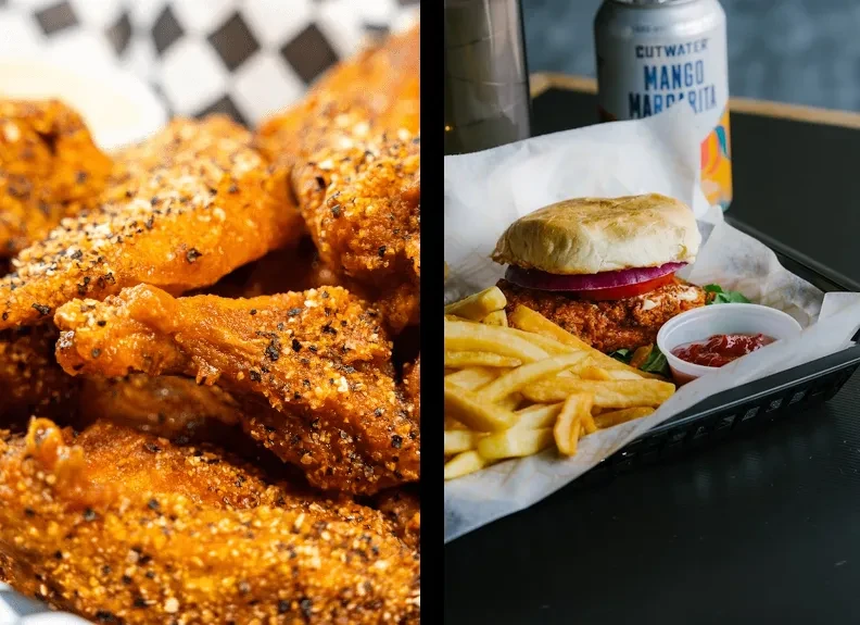 Composite: Fried chicken pieces and a fried sandwich meal with fries.