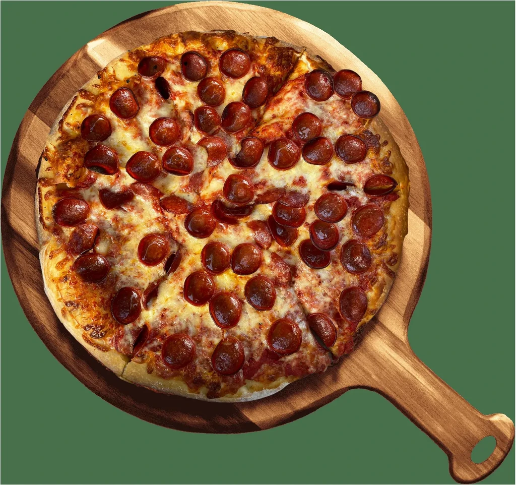 A whole, freshly baked pepperoni pizza on a wooden peel.