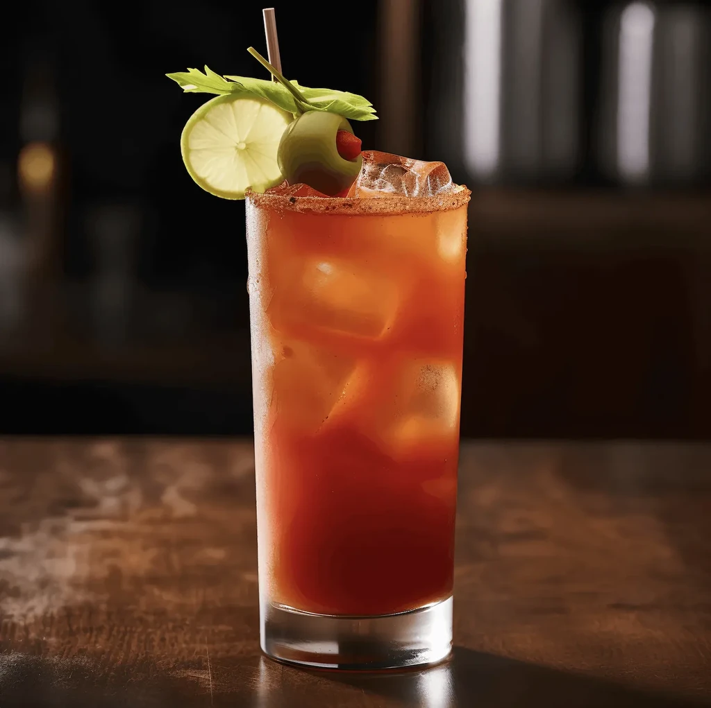 Reddish orange cocktail with a salted rim, olive, lime, and celery.