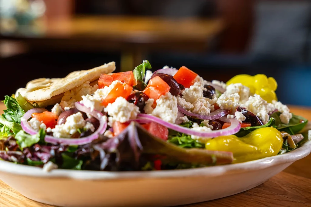 Greek salad with feta, olives, and pita bread in a white bowl.