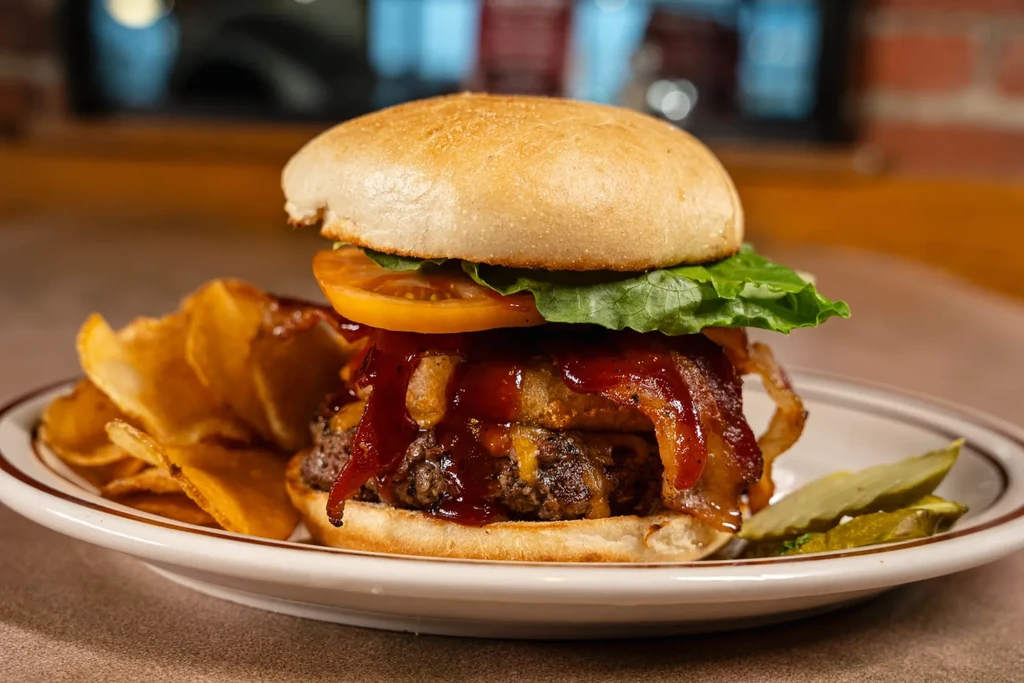Gourmet burger, chips, and dill pickles served on a white plate.