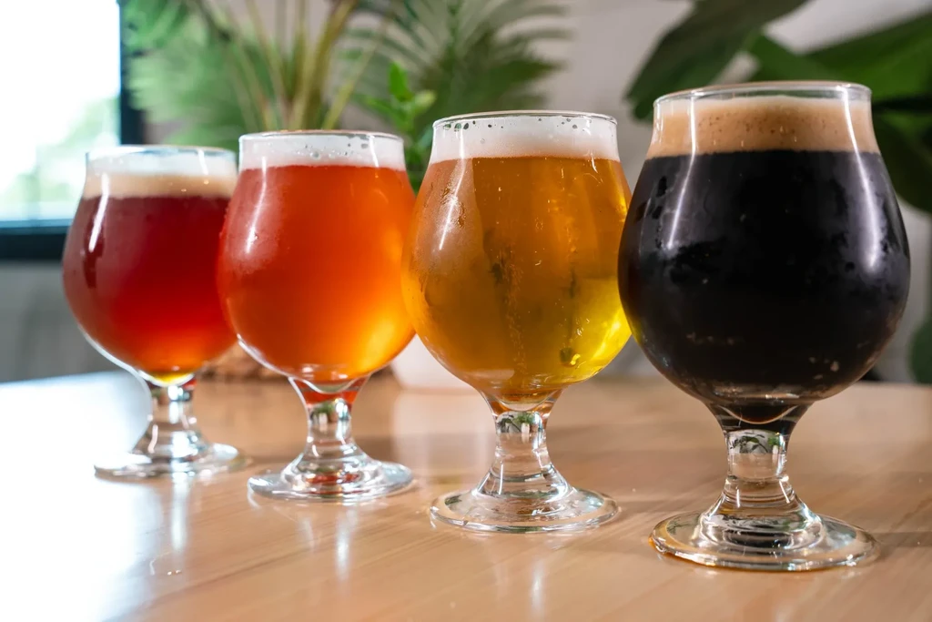 Four craft beers spanning a color spectrum on a wooden table.