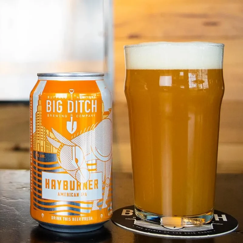 Big Ditch Hayburner IPA can and full glass with frothy head.