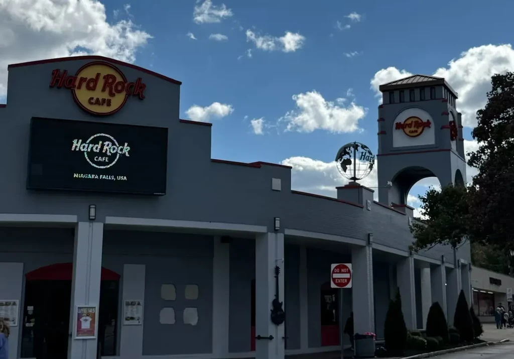 Hard Rock Cafe building with bell tower and logo in Niagara Falls.