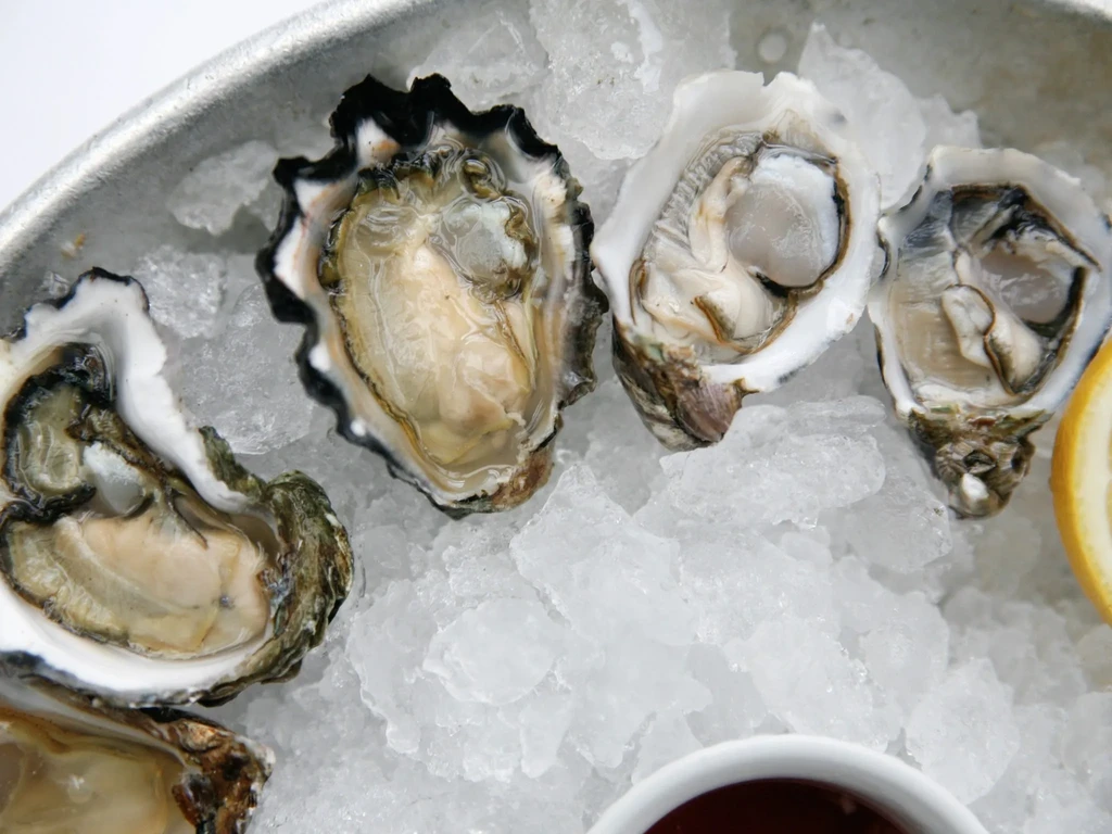Freshly shucked oysters on crushed ice with lemon and red sauce.