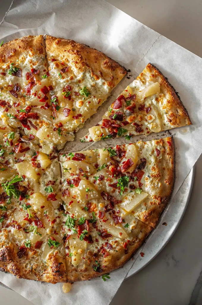 Sliced pizza with white sauce, bacon, yellow fruit, and green herbs.
