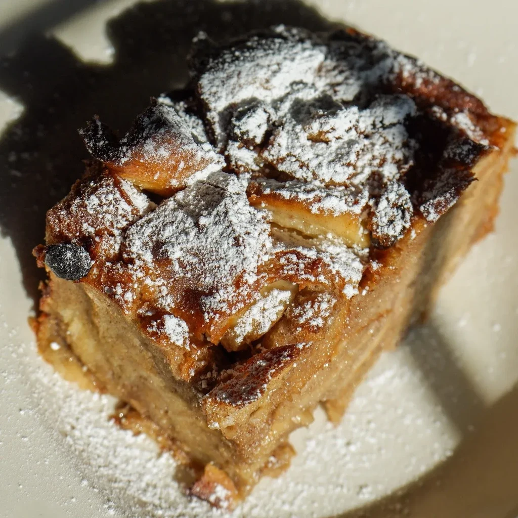 Close-up of golden-brown baked fruit dessert dusted with powdered sugar.