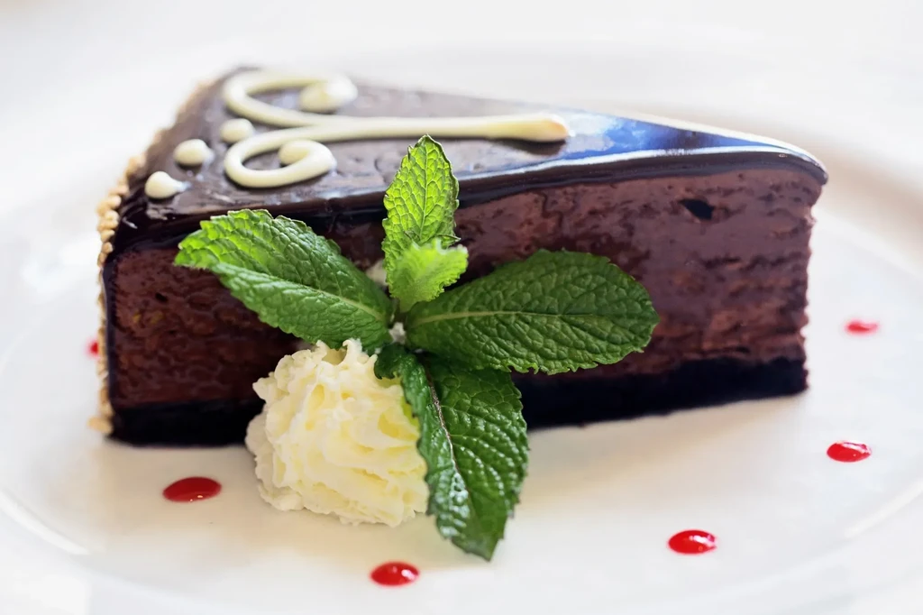 Chocolate dessert slice with glossy glaze, white frosting, mint, red drops.