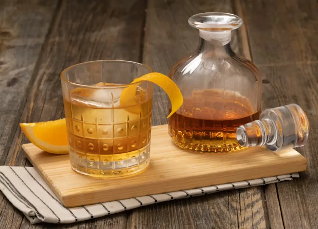 Still life: Cocktail, decanter, and orange on rustic wood.