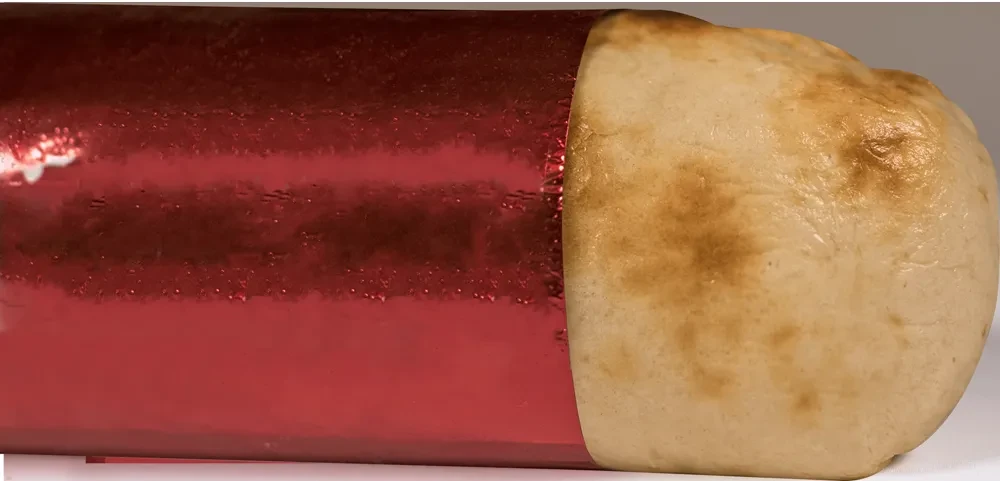 Close-up of a light brown pastry partially wrapped in red foil.