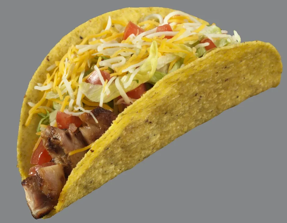 Hard-shell taco with meat, cheese, lettuce, and tomatoes.