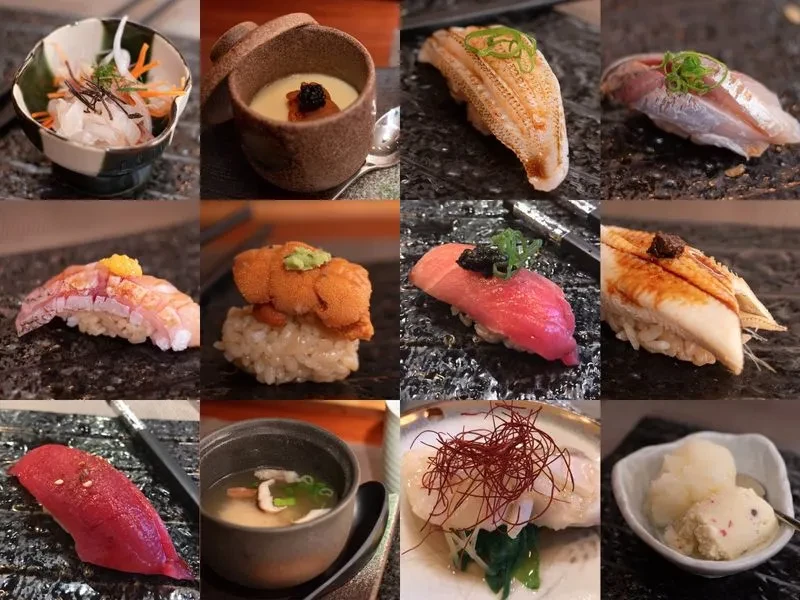 Twelve-photo collage showcasing diverse, meticulously prepared Japanese dishes, including sushi.