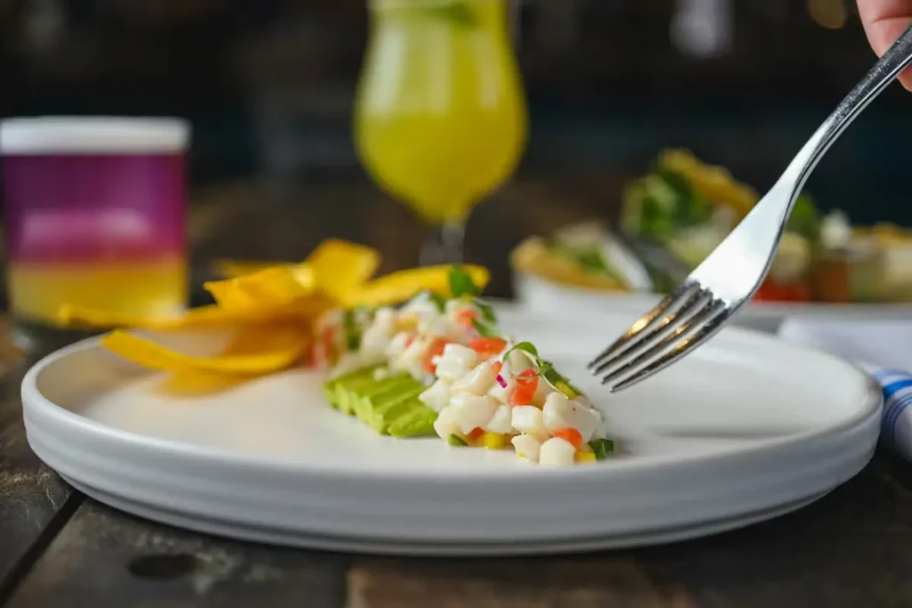 Colorful fish ceviche with avocado slices and yellow chips, fork ready.