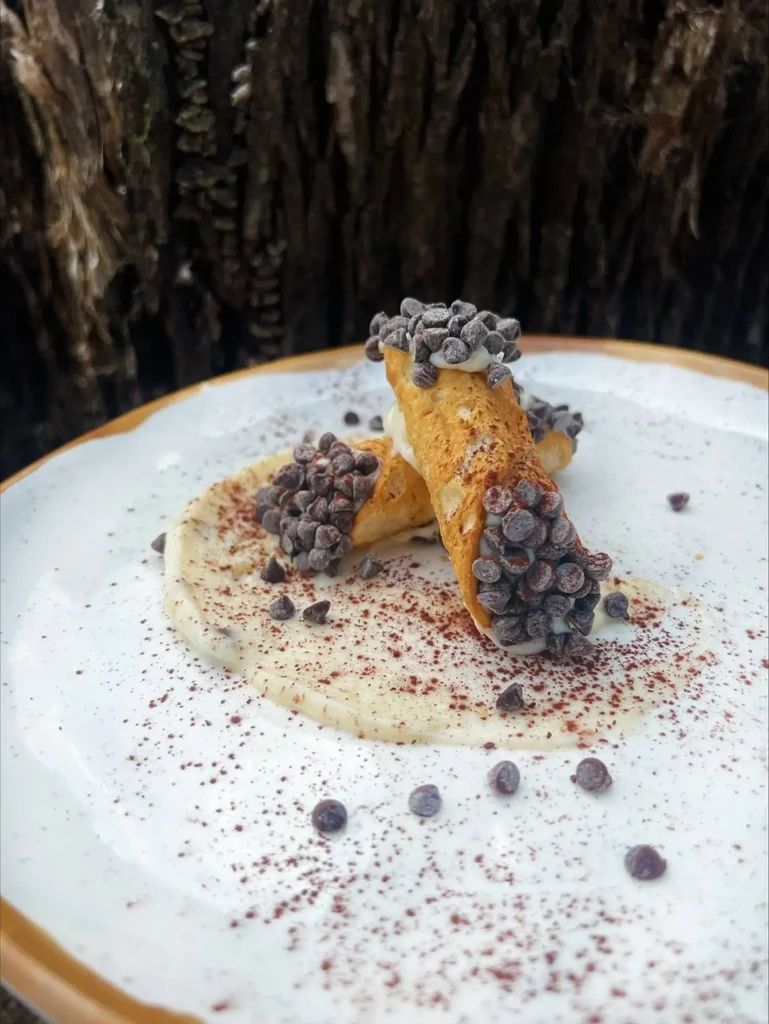 Two golden-brown cannoli with cream, chocolate chips, on plate, bark.