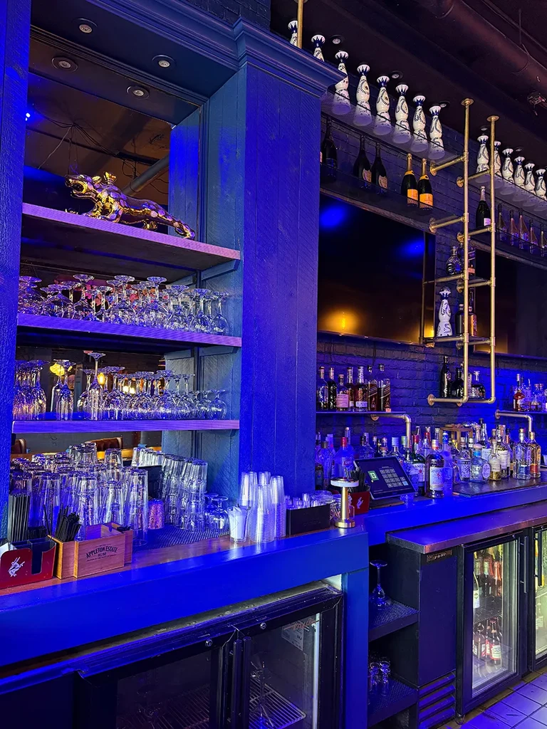Blue-lit bar with shelves of liquor, glassware, and a golden animal statue.