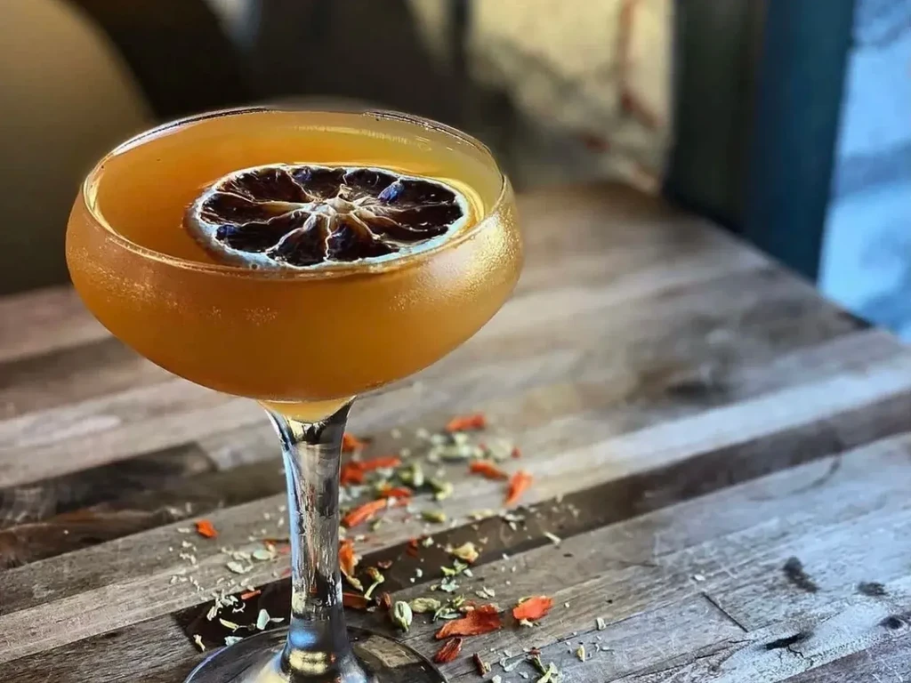 Cold amber cocktail in coupe glass with dried citrus and cardamom.