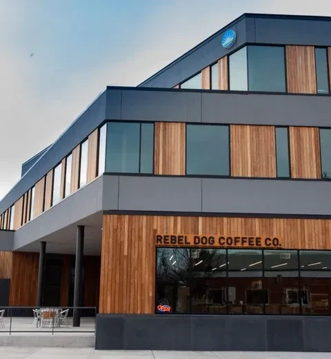 Modern Rebel Dog Coffee Co. building exterior with patio and OPEN sign.