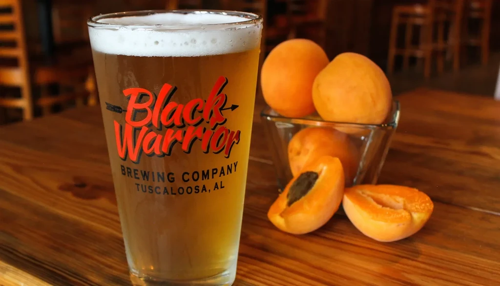 Pint of Black Warrior beer and fresh apricots on a wooden table.