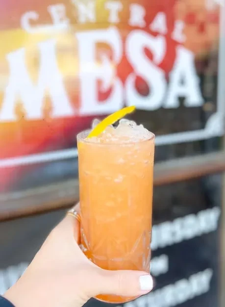 Hand holding orange drink with ice, garnish, blurred "CENTRAL MESA" background.