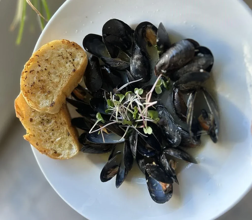 Overhead view of mussels in broth, microgreens, and toasted bread.
