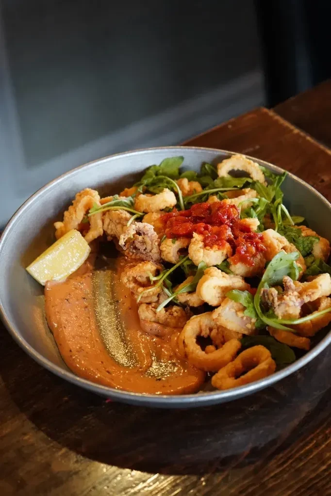Fried calamari rings with arugula, red sauce, lemon, and aioli.