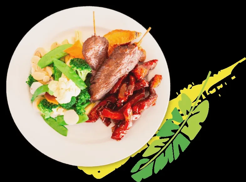 White plate with grilled skewers, saucy meat, vegetables, and fries on black.