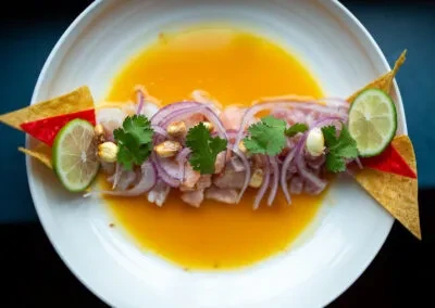 Plated ceviche with seafood, leche de tigre, lime, and tortilla chips.