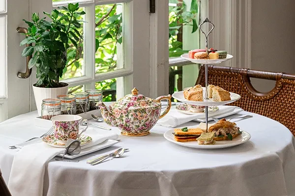 Afternoon tea with floral teapot, tiered stand of macarons, scones, sandwiches.