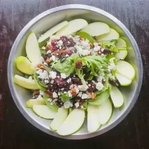 Overhead salad with greens, blue cheese, cranberries, nuts, and apple wedges.